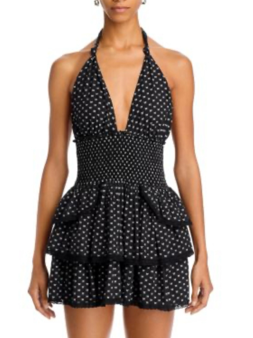 LoveShackFancy Black Polka Dot Halter Mini Dress